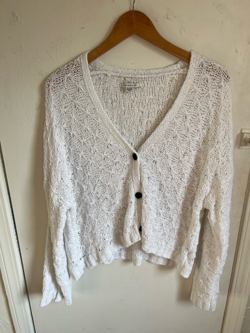 American Eagle Outfitters White Open-Weave V-Neck Button Cardigan